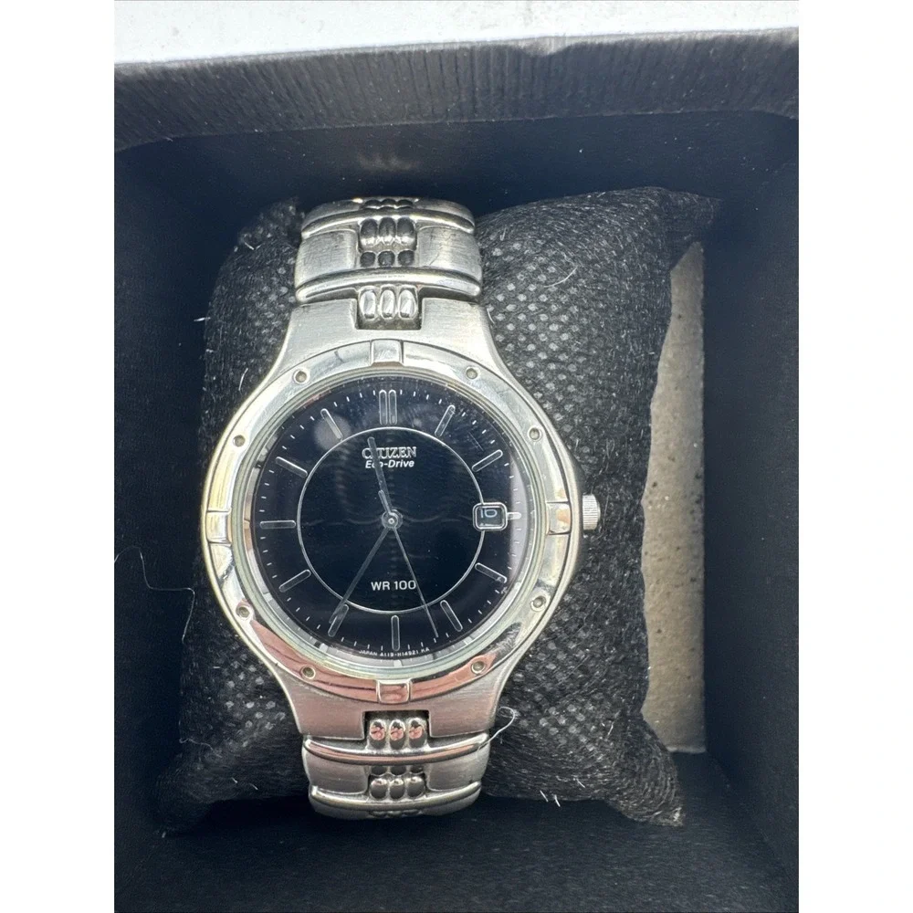 CITIZEN Eco-Drive Black Dial SS Bracelet Men's Watch A119-H08622 K 6 Inch Band